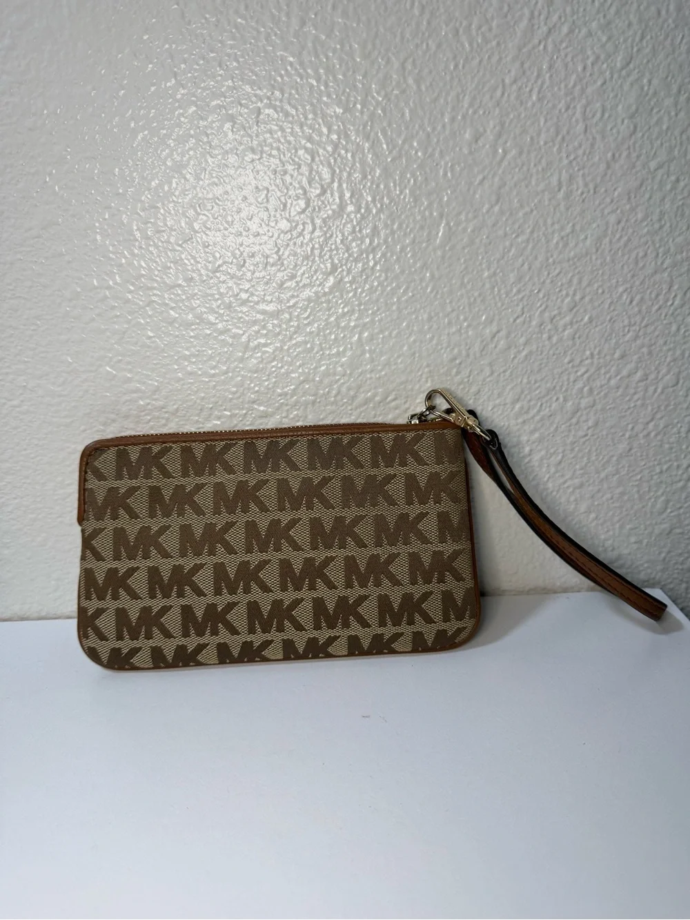 Michael Kors Brown Logo Print Wristlet with Gold Hardware